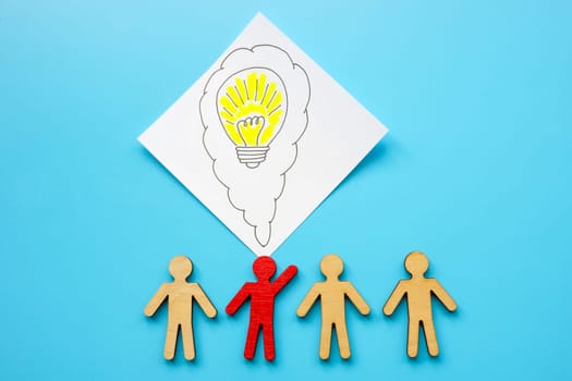 Team figures and one with a light bulb as symbol of a new idea, solution.