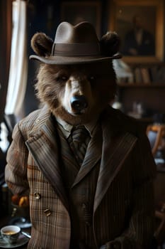 A plush bear is elegantly dressed in a suit and fedora hat, standing in a room. The hat is a stylish fashion accessory that adds flair to its furry costume