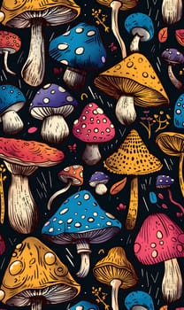 An intricate organisminspired pattern of vibrant mushrooms adorns a sleek black background, creating a seamless design perfect for art, painting, or fashion accessories