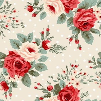 Seamless pattern, tileable floral country holiday print with roses, dots and flowers for wallpaper, wrapping paper, scrapbook, fabric and polka dot roses product design idea