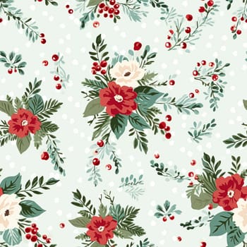 Seamless pattern, tileable Christmas holiday floral country dots print, English countryside flowers for wallpaper, wrapping paper, scrapbook, fabric and product design motif