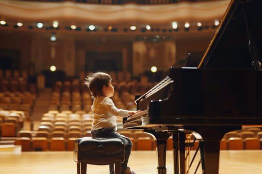 Solo child little boy playing music sitting at grand piano in the concert hall