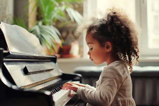 Child little girl playing music on piano at home, creativity and hobby