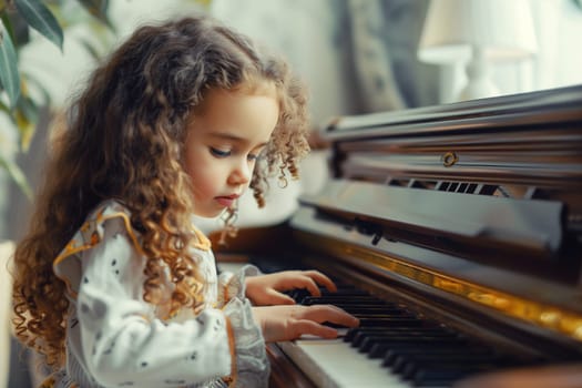 Child little girl playing music on piano at home, creativity and hobby
