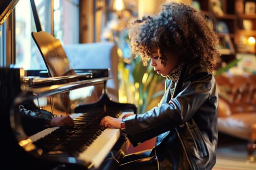 Child little boy playing music on piano at home, wearing stylish black rock leather jacket, creativity and hobby