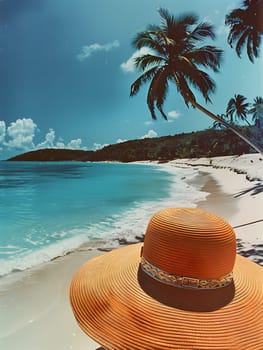 A straw hat rests on a sandy beach with palm trees against a backdrop of clear blue sky and fluffy clouds. The tranquil scene captures the essence of a tropical natural landscape