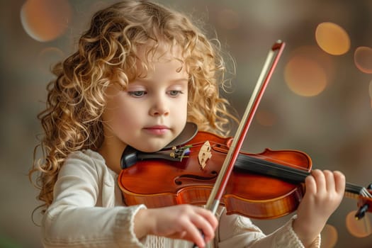 Child little girl playing music on the violin, creativity and hobby