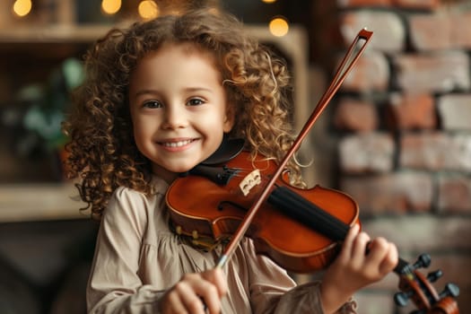 Child little girl playing music on the violin, creativity and hobby