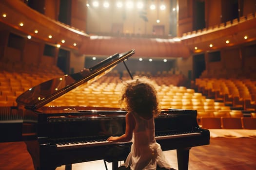 Solo child little girl playing music sitting at grand piano in the concert hall