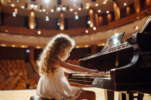 Solo child little girl playing music sitting at grand piano in the concert hall