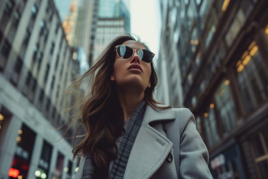 Fashionable portrait of beautiful stylish young woman posing in the city