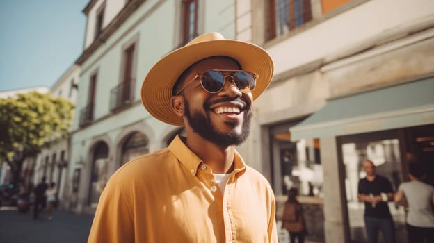 Fashionable portrait of inspired stylish happy black American young man wearing a round tourist hat standing in summer sunny city