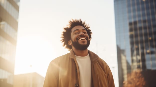 Fashionable portrait of inspired stylish happy laughing black American young man in summer sunny city