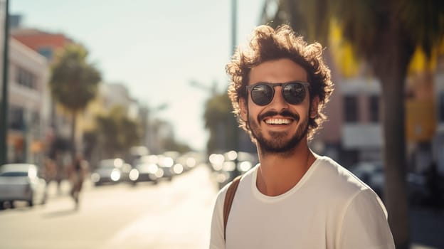 Portrait of happy bearded handsome young man standing in summer sunny city, looking at camera