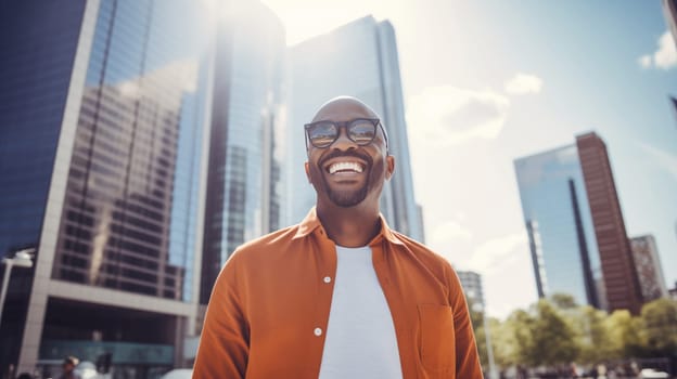 Fashionable portrait of inspired stylish happy laughing black American young man in summer sunny city