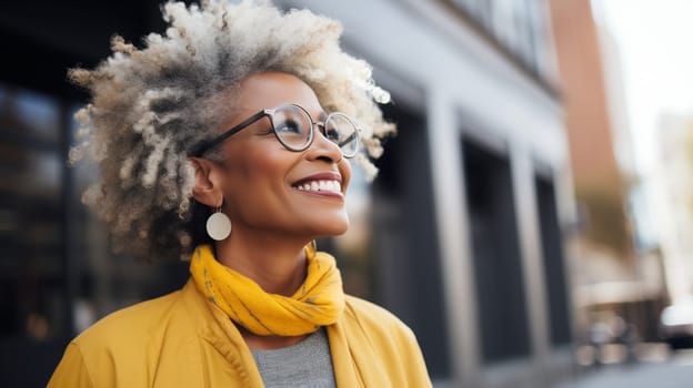 Portrait of stylish happy hispanic mature woman in glasses with curly gray hair standing in the city, looking away