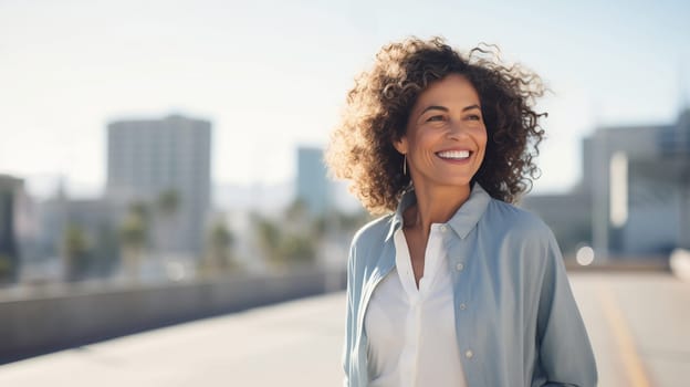 Inspired happy mature hispanic woman in casual clothes with curly hair standing in summer sunny city, looking away