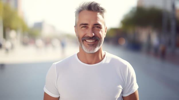 Portrait of happy bearded handsome mature man standing in summer sunny city, looking at camera