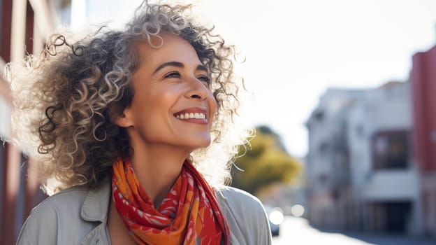 Inspired happy mature hispanic woman with curly hair standing in summer sunny city, looking away