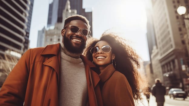 Lifestyle portrait of happy smiling young black couple enjoys a walk in sunny city