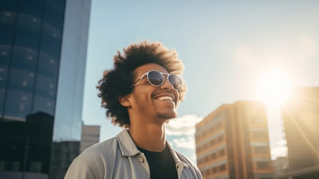 Fashionable portrait of inspired stylish happy laughing black American young man in summer sunny city