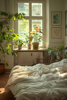 A bedroom with wooden flooring, houseplants in flowerpots, a cozy bed, and a window providing natural light, creating a comfortable interior design