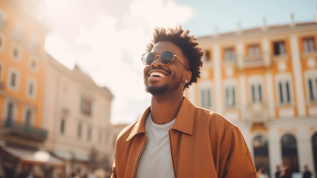 Fashionable portrait of inspired stylish happy laughing black American young man in summer sunny city