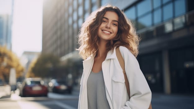Portrait of happy smiling young woman standing in sunny city, looking at camera