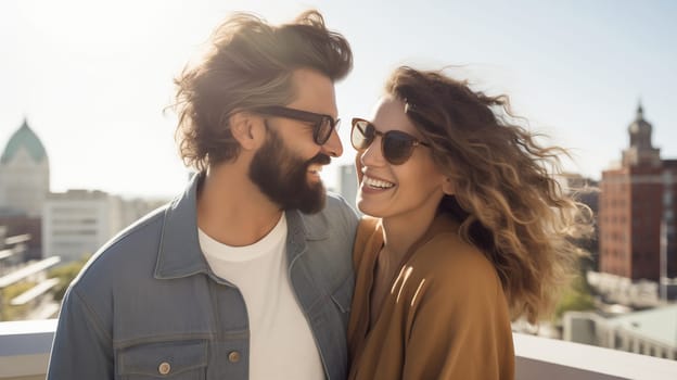 Lifestyle portrait of happy smiling young couple together enjoys a summer walk in sunny city