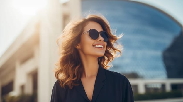 Portrait of confident stylish happy smiling young woman in black sunglasses standing in sunny city, looking away