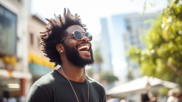 Fashionable portrait of inspired stylish happy laughing black American young man in summer sunny city