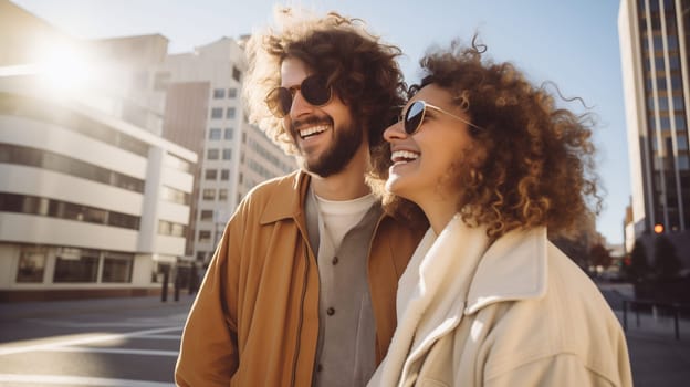 Lifestyle portrait of happy smiling young couple together enjoys a summer walk in sunny city