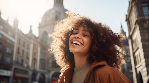 Inspired happy laughing hispanic young woman with curly hair enjoys a summer walk in sunny city