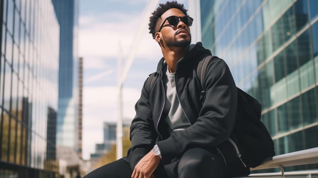 Lifestyle trendy portrait of stylish black American young man in sportswear posing on city street and looking away