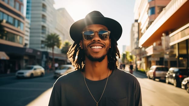 Fashionable portrait of inspired stylish happy black American young man wearing a hat standing in summer sunny city