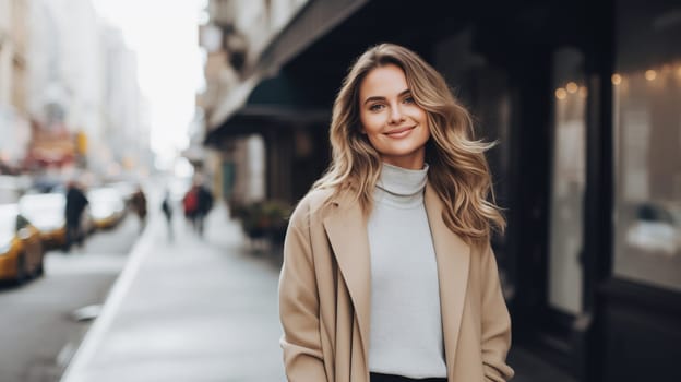 Beautiful happy smiling young woman walks in the city, looking at camera