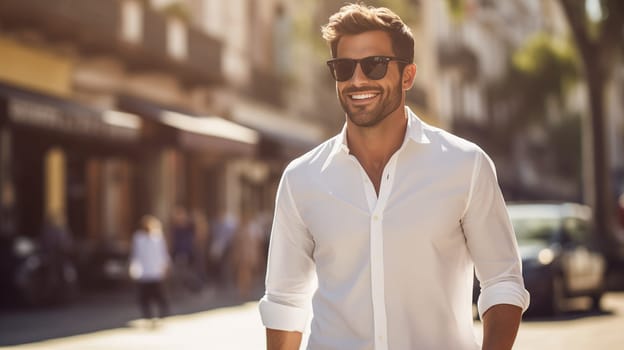 Portrait of happy handsome young man standing in summer sunny city, looking away