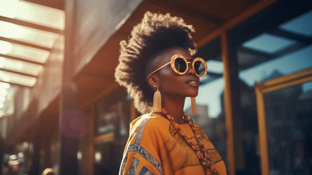 Fashionable portrait of beautiful stylish African young woman posing in the city