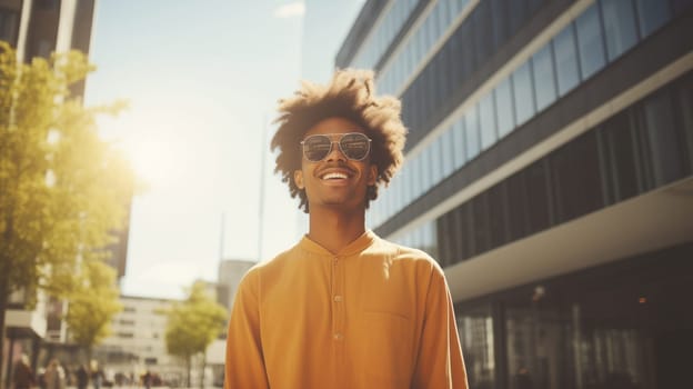 Fashionable portrait of inspired stylish happy laughing black American young man in summer sunny city