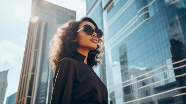 Fashionable portrait of beautiful stylish African young woman posing in the city