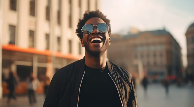 Fashionable portrait of inspired stylish happy laughing black American young man in summer sunny city