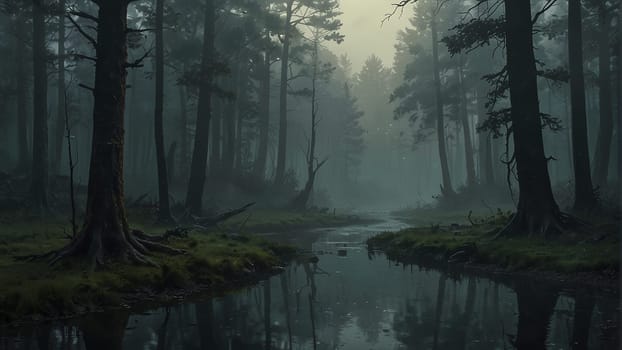 Foggy enchanted forest background at night, dense forest with fog detailed style, apocalyptic, illustration, soft tones, horror style, detailed apocalyptic good for musical video or video content creation