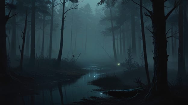 Foggy enchanted forest background at night, dense forest with fog detailed style, apocalyptic, illustration, soft tones, horror style, detailed apocalyptic good for musical video or video content creation