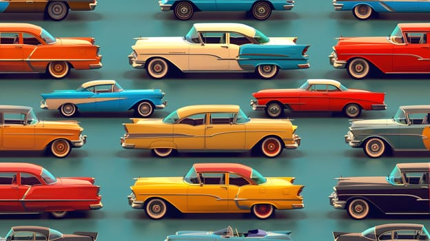 A collection of vintage cars sit in a row, showcasing their unique automotive designs and varying shades of blue and yellow colors