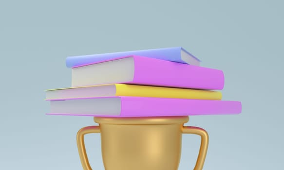 Vibrant, multicolored books stacked on a golden trophy against a soft blue background, symbolizing educational success. 3D illustration.