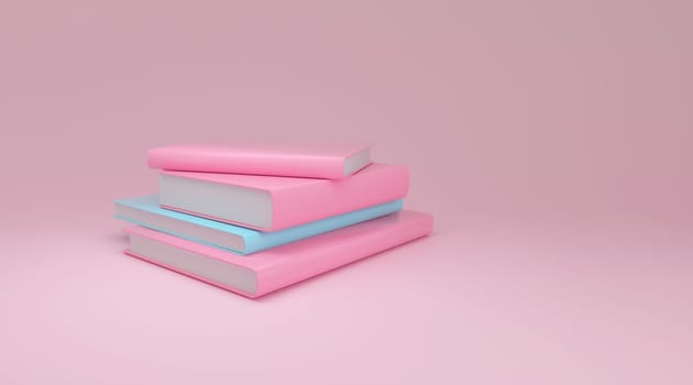 Stack of books in soothing pastel pink and blue hues, presented on a soft pink background for a calm, minimalist aesthetic. back to school. 3D illustration.