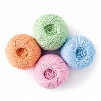 Yarn balls for knitting and crochet isolated on white background, cotton wool clews and skeins as natural organic material for knitwear, diy handmade fashion, post-processed, generative ai