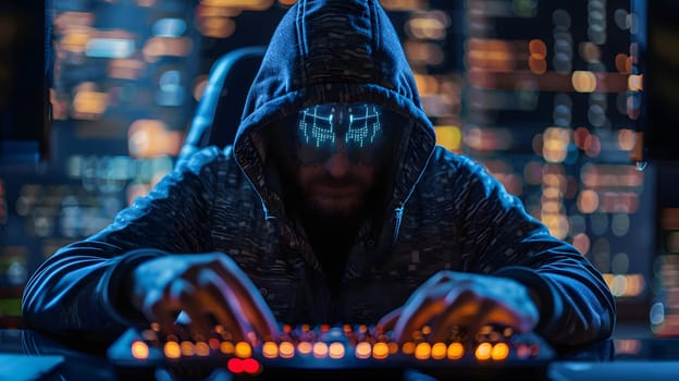 A man in an electric blue hood is typing on a keyboard at midnight, creating a fictional character in a city of darkness. The font glows on the glass screen, bringing his fiction to life