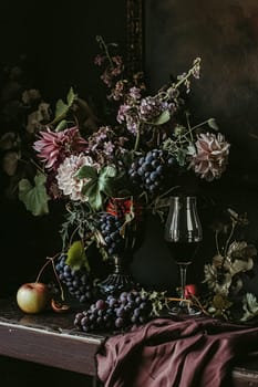 Classic floral still life fine art print, composition with rich arrangement of flowers and fresh fruits and a glass of wine, accented by lush vintage florals, English countryside art style design