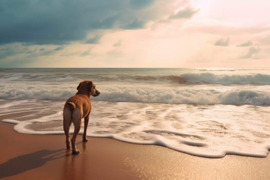 Dog on the beach near sea or ocean. Generated AI.